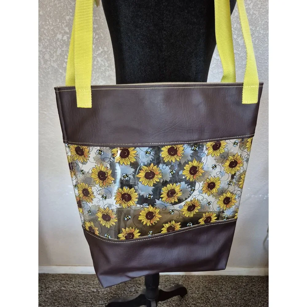 Sunflower and Bee Clear-Panel Tote Bag - Summer Market & Beach Organizer